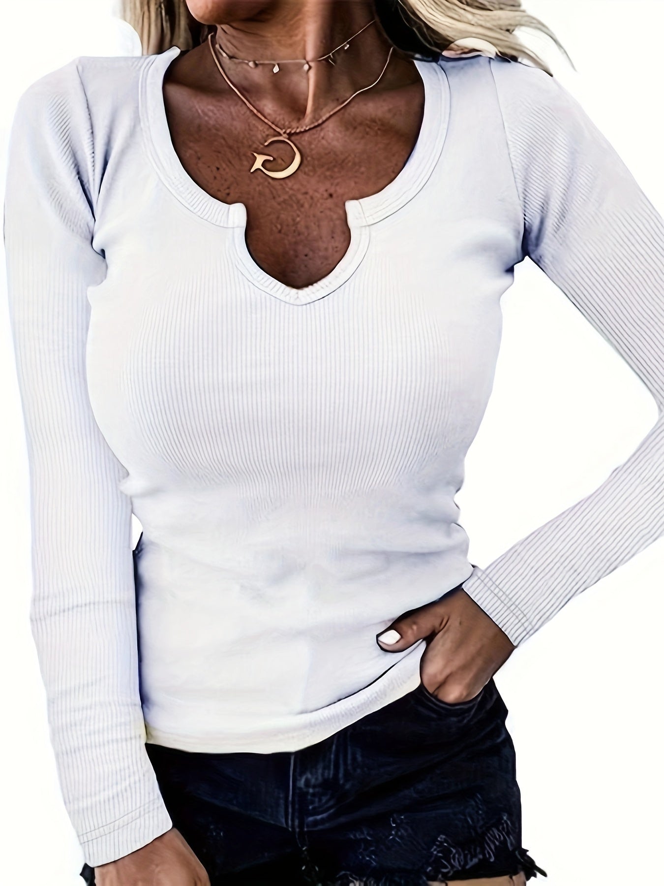 Sixsr Solid Ribbed Notch Neck T-Shirt, Casual Long Sleeve Top For Spring & Fall, Women's Clothing