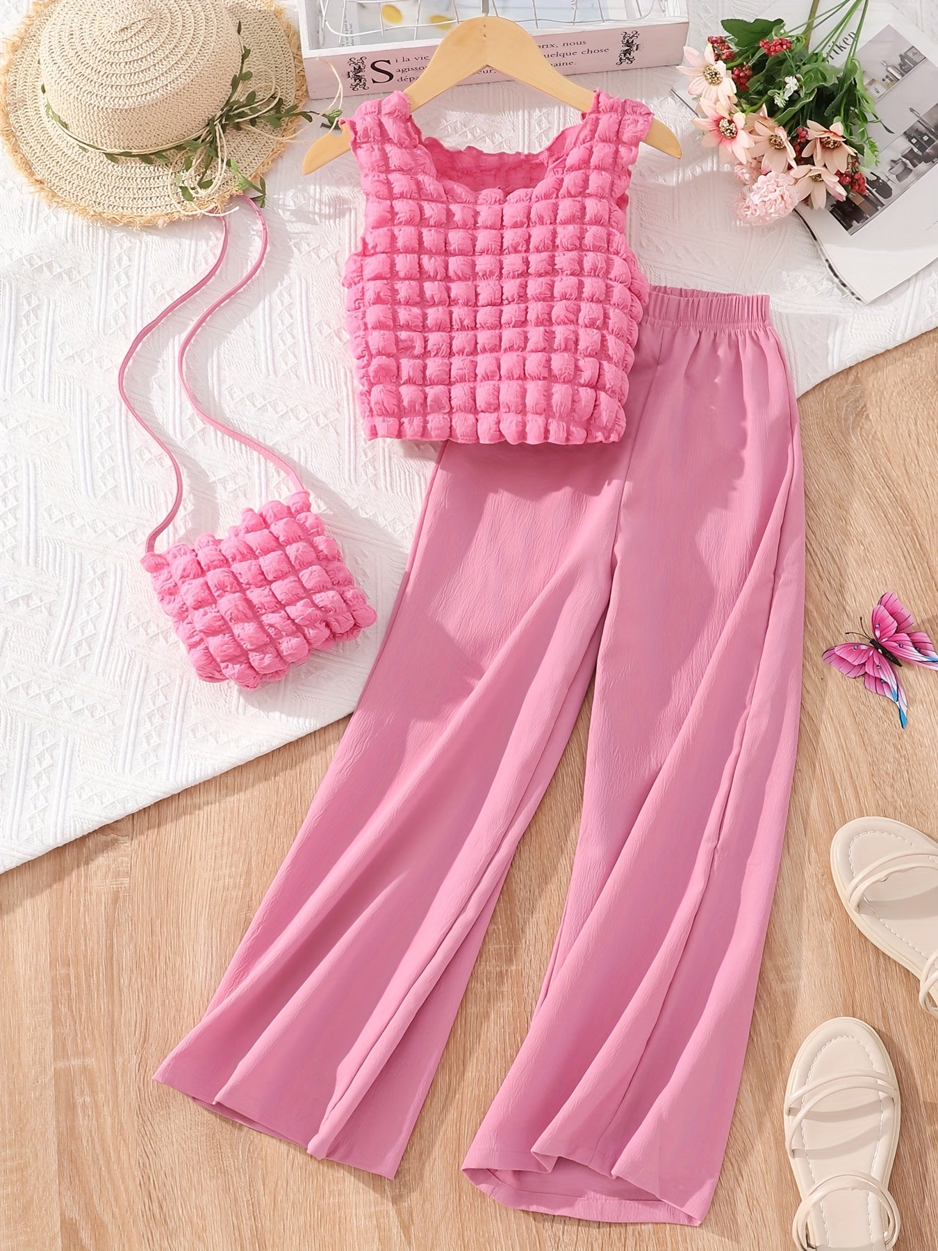 Girls 3pcs Round Neck Sleeveless Puff Textured Top & Long Pants & Crossbody Bag Solid Color Elegant Casual Kids Clothes For Spring And Summer