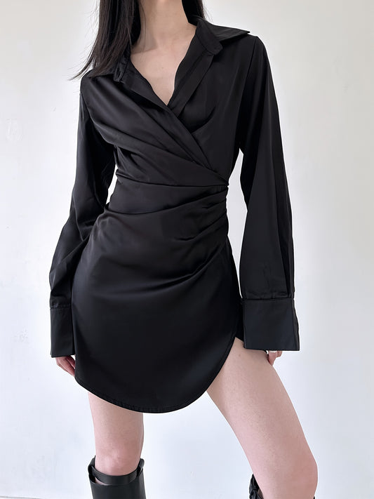 Sixsr Solid V-neck Ruched Asymmetrical Dress, Elegant Long Sleeve Slim Dress For Spring & Fall, Women's Clothing