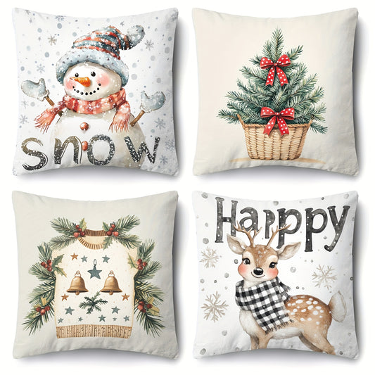 4pcs Festive Christmas Throw Pillow Covers, Contemporary Style, Snowman & Reindeer Print, 100% Polyester, Zipper Closure, Machine Washable, Decorative Cushion Cases for Living Room (No Insert)