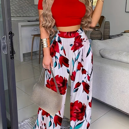 Boho Summer Two Pieces Set, Cropped Solid Short Sleeve T-shirt & High Waist Floral Print Wide Leg Pants Outfits, Women's Clothing