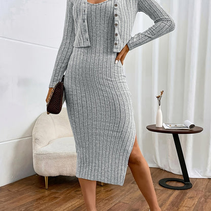 Women's Solid Ribbed Two-piece Set - Long Sleeve Cardigan & Bodycon Split Dress Outfit for a Stylish and Comfortable Look