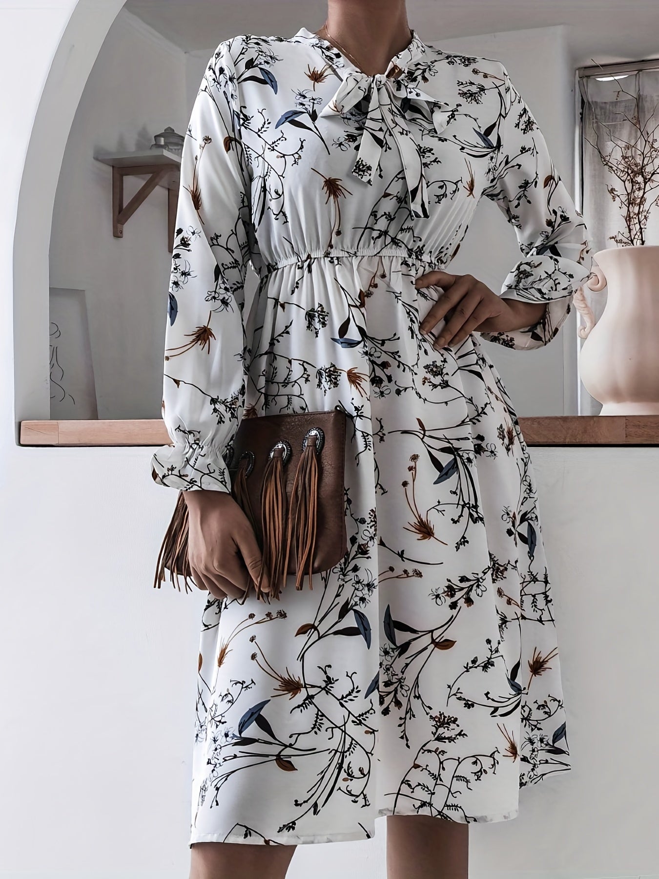 Sixsr Floral Print Tie Front Dress, Casual Long Sleeve Dress For Spring & Fall, Women's Clothing