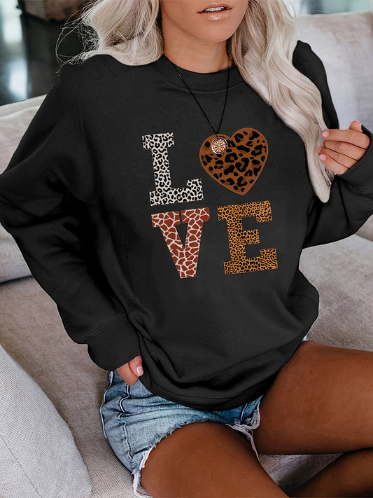 Sixsr Leopard Love Graphic Print Pullover, Vintage Long Sleeve Casual Sweatshirt For Winter & Fall, Women's Clothing