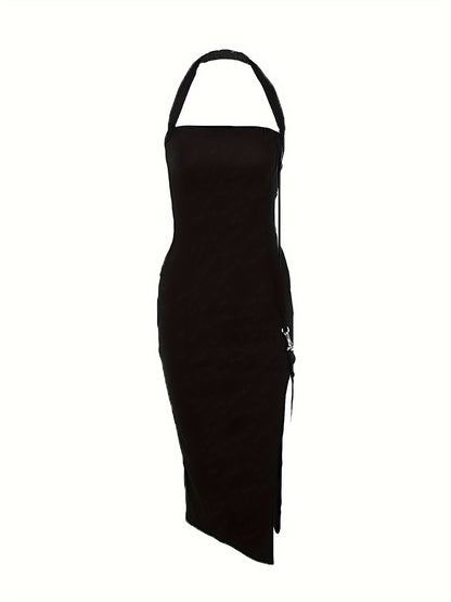 Solid Split Thigh Backless Halter Dress, Elegant Sleeveless Bodycon Dress, Women's Clothing