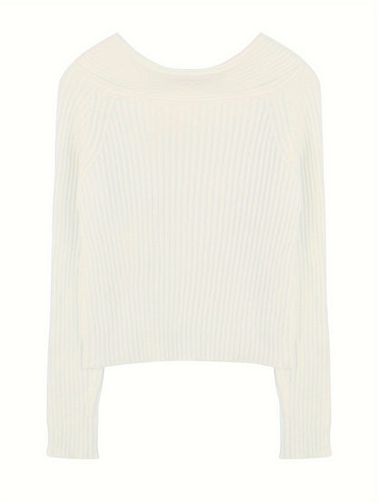 Sixsr Solid Off Shoulder Knit Sweater, Casual Long Sleeve Pullover Sweater, Women's Clothing