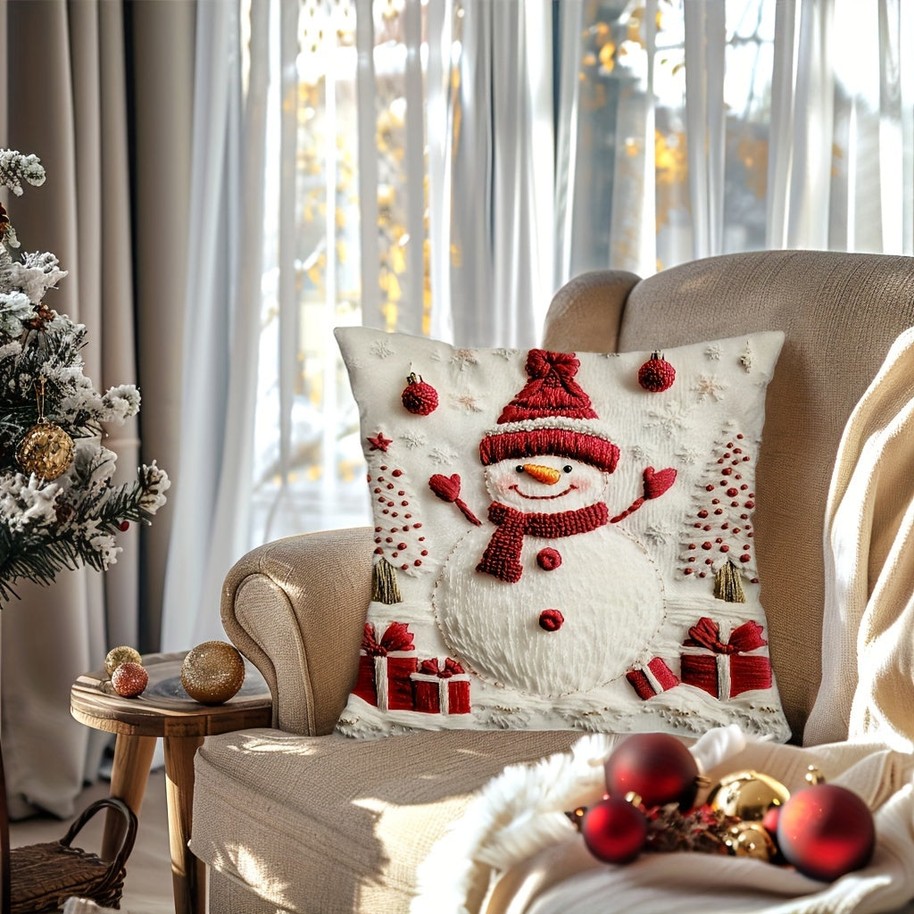 3D Christmas Throw Cushion Covers, Traditional Knit Polyester, Hand-Washable, Zip-Closure, Snowman and Tree Design, Suitable for Various Room Decor - 1pc, Festive Farmhouse Style for Couch, Sofa, Living Room, Bedroom (Insert Not Included)