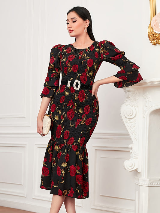 Sixsr Floral Print Layered Dress, Elegant Crew Neck Ruffle Hem Dress, Women's Clothing