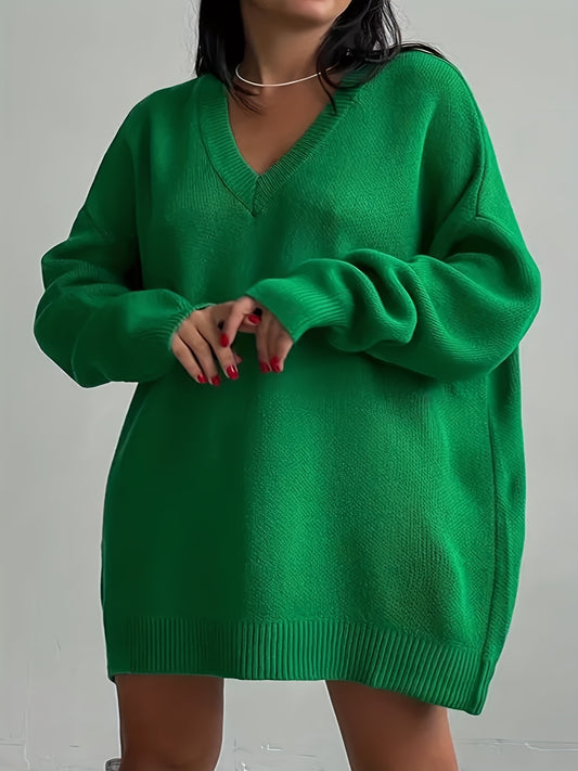 Sixsr Plus Size Casual Sweater, Women's Plus Solid Long Sleeve V Neck Oversized Sweater