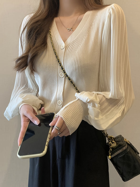 Sixsr Solid Button Down Knit Cardigan, Elegant Pleated Lantern Sleeve Top For Spring & Fall, Women's Clothing