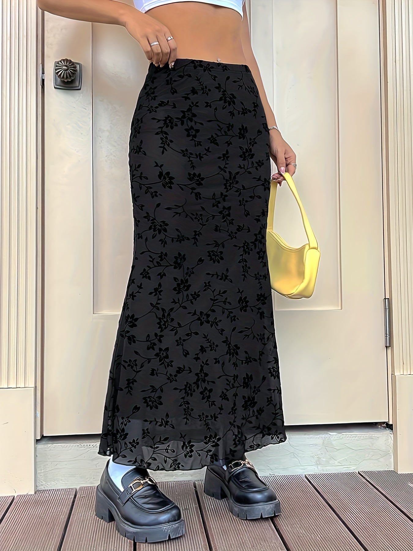 Sixsr Floral Jacquard Irregular Hem Skirt, Casual High Waist Ankle Length Skirt, Women's Clothing