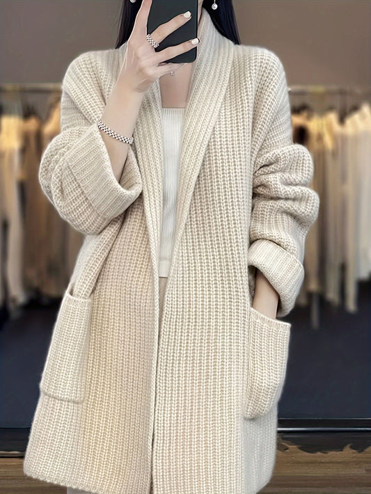 Sixsr Solid Open Front Knit Cardigan, Casual Long Sleeve Oversized Sweater Coat With Pocket, Women's Clothing