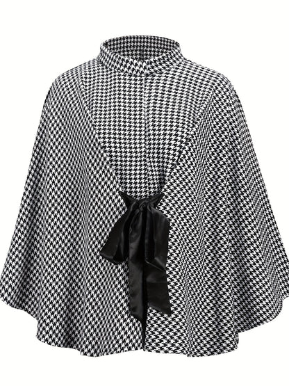 Sixsr Houndstooth Print Cape Top, Casual Tie Front Loose Outerwear, Women's Clothing