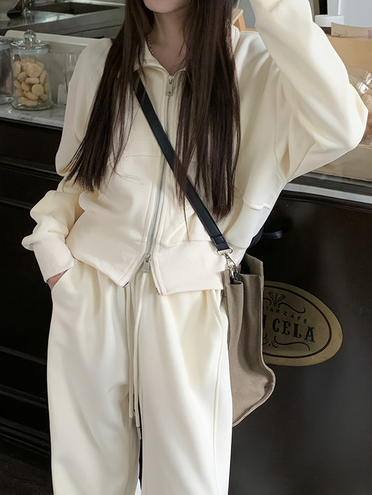 Sixsr Solid Color Two-way Zipper Sweatshirt, Stylish Long Sleeve Lapel Sweatshirt For Fall & Winter, Women's Clothing