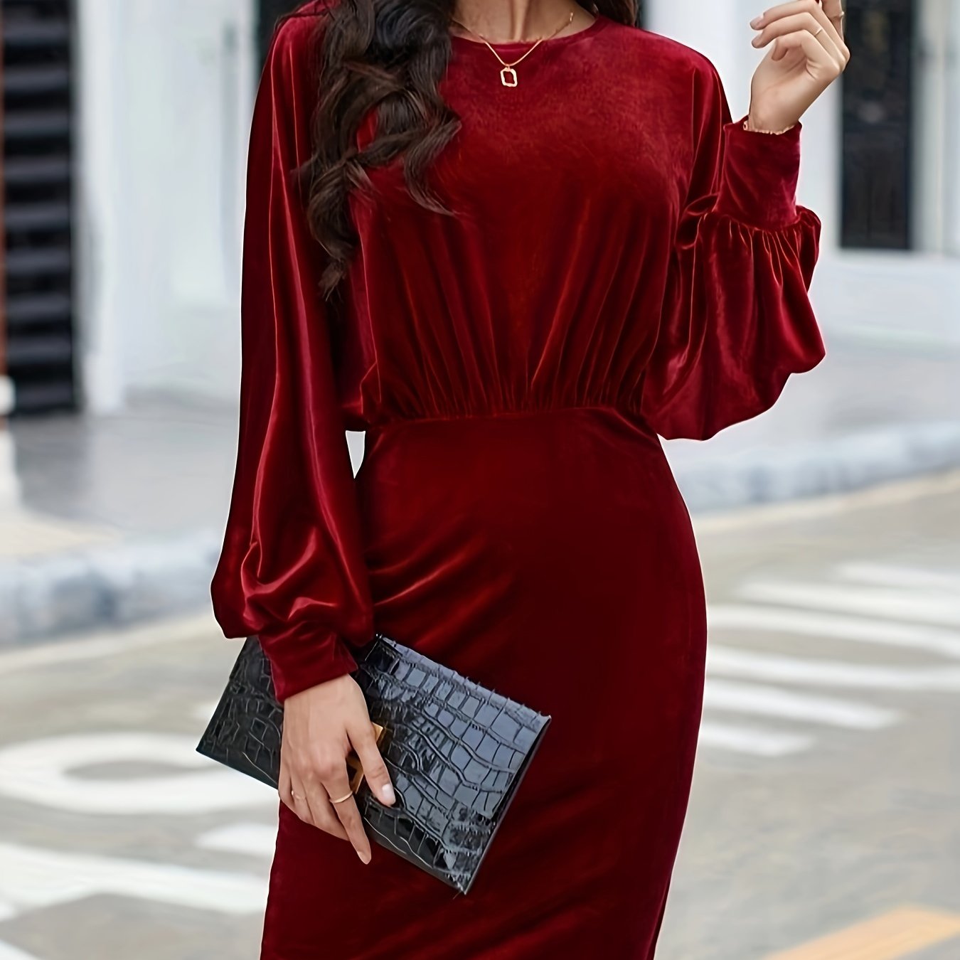 Sixsr Solid Cinched Waist Velvet Dress, Elegant Lantern Sleeve Bodycon Dress For Fall & Winter, Women's Clothing