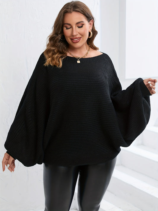Sixsr Plus Size Off Shoulder Batwing Solid Sweater, Women's Plus Casual Slight Stretch Sweater