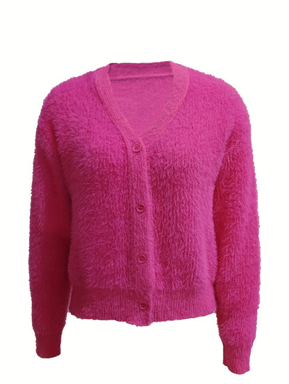 Sixsr Solid Button Down Fleece Knit Cardigan, Casual Long Sleeve Cozy Sweater, Women's Clothing