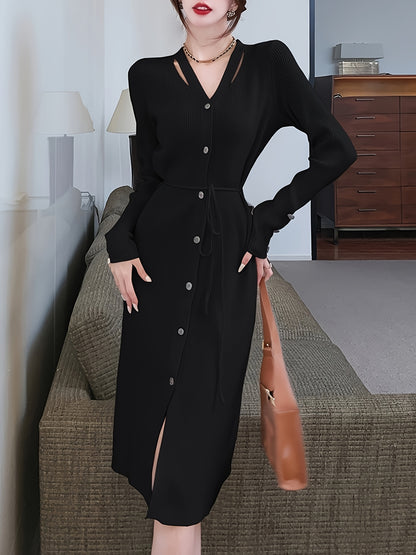 Sixsr Button Front Solid Midi Dress, Elegant V Neck Long Sleeve Dress, Women's Clothing