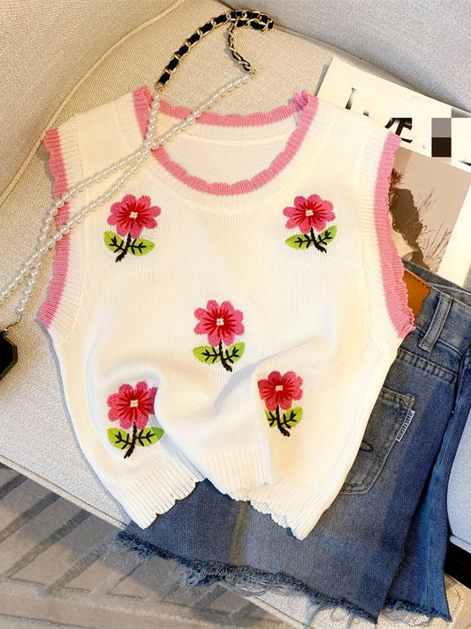 Sixsr Embroidered Flower Pattern Crew Neck Tank Top, Casual Sleeveless Tank Top For Summer, Women's Clothing