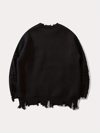 Sixsr Men's Stylish Letters Pattern Ripped Knitted Pullover, Casual Breathable Long Sleeve Crew Neck Top For City Walk Street Hanging Outdoor Activities