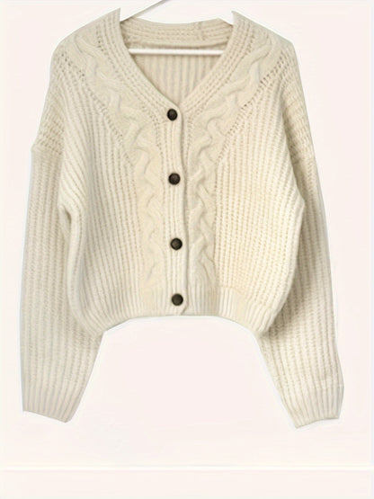 Sixsr Solid Button Down Cable Knit Cardigan, Casual Long Sleeve Loose Thick Sweater, Women's Clothing