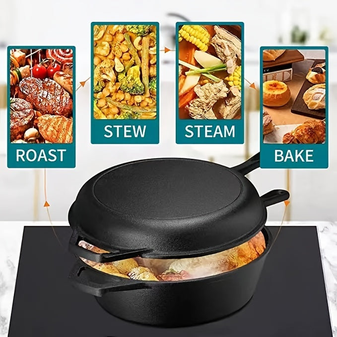 1PC Premium Cast Iron Combo Cooker Set - Non-Stick, Heat-Resistant, Pre-Seasoned, Durable, Versatile Stew and Frying Pans with Comfort-Grip Handles (Black)