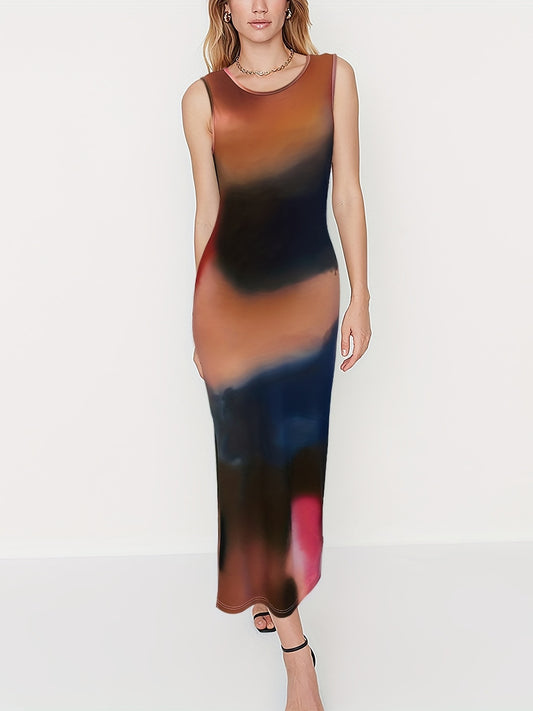 Sixsr Gradient Tank Dress, Casual Crew Neck Sleeveless Maxi Dress, Women's Clothing