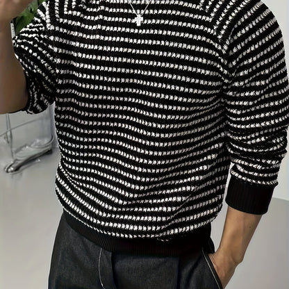 Sixsr Men's Stylish Stripe Pattern Knitted Pullover, Casual Breathable Long Sleeve Crew Neck Top For City Walk Street Hanging Outdoor Activities