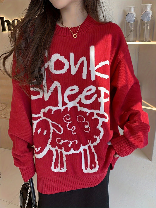 Sixsr Sheep Pattern Crew Neck Pullover Sweater, Cute Long Sleeve Drop Shoulder Sweater, Women's Clothing