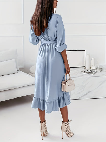 Sixsr Ruffle Hem Surplice Neck Dress, Elegant Solid Long Sleeve Midi Dress, Women's Clothing