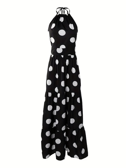 Polka Dot Halter Neck Dress, Sexy Backless Sleeveless Slim Waist Maxi Dress, Women's Clothing