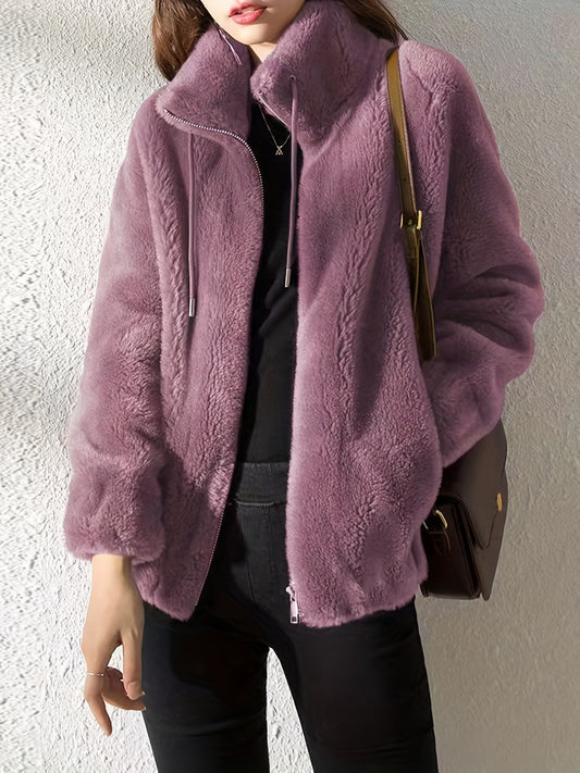 Sixsr Drawstring Teddy Coat, Casual Zip Up Long Sleeve Warm Outerwear, Women's Clothing