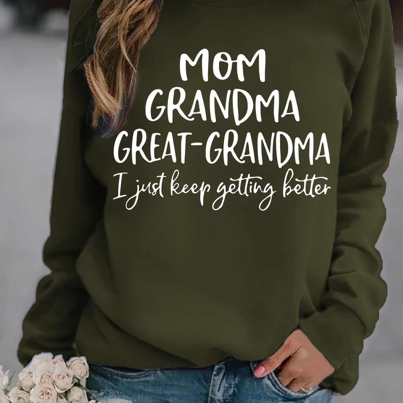 Sixsr Grandma Letter Print Solid Pullover, Long Sleeve Crew Neck Casual Sweatshirt, Women's Clothing