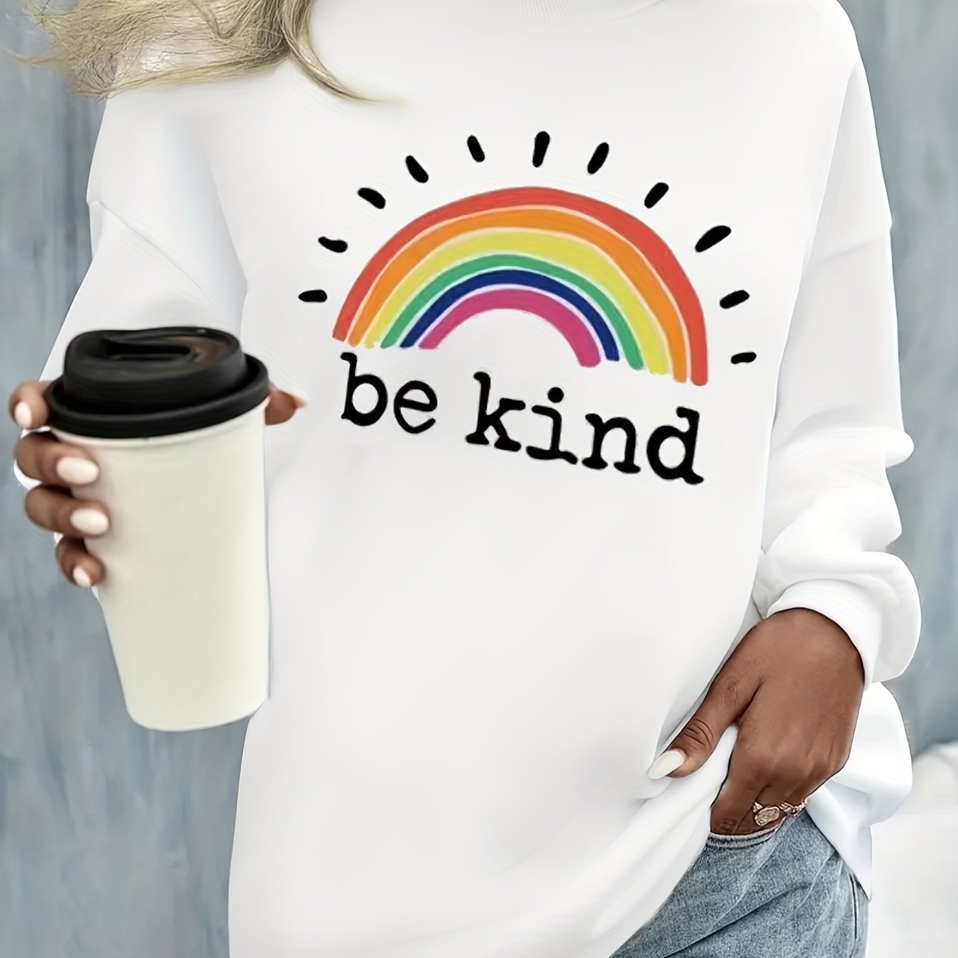 Sixsr Plus Size Casual Sweatshirt, Women's Plus Rainbow & Slogan Print Long Sleeve Round Neck Slight Stretch Sweatshirt