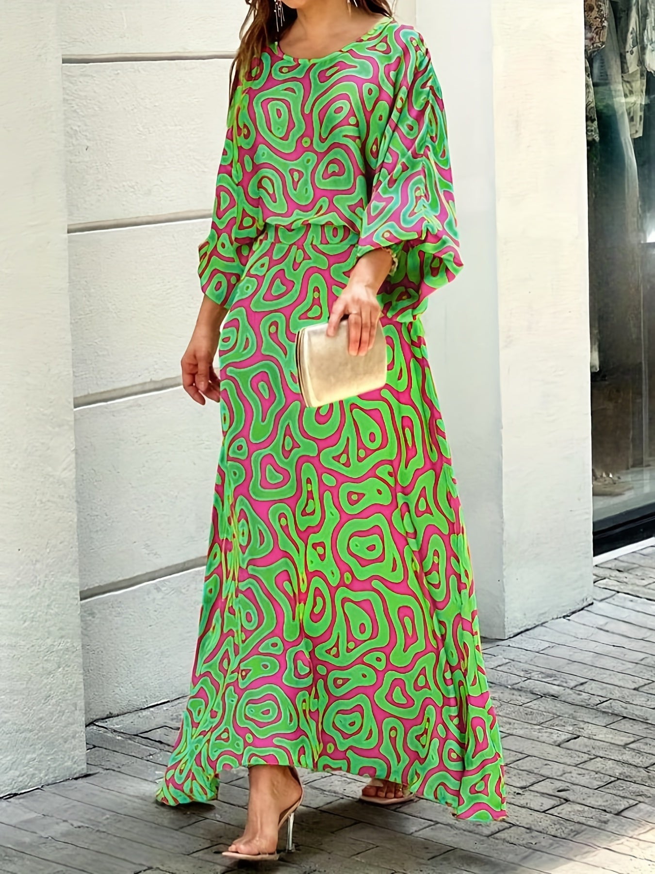 two-piece Geometric Print Maxi Skirt & Loose Long Sleeve Top Set for Women - Perfect for Spring & Fall Outfits