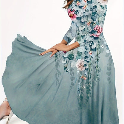 Sixsr Vintage Floral Print Dress, Elegant Crew Neck Long Sleeve Dress, Women's Clothing