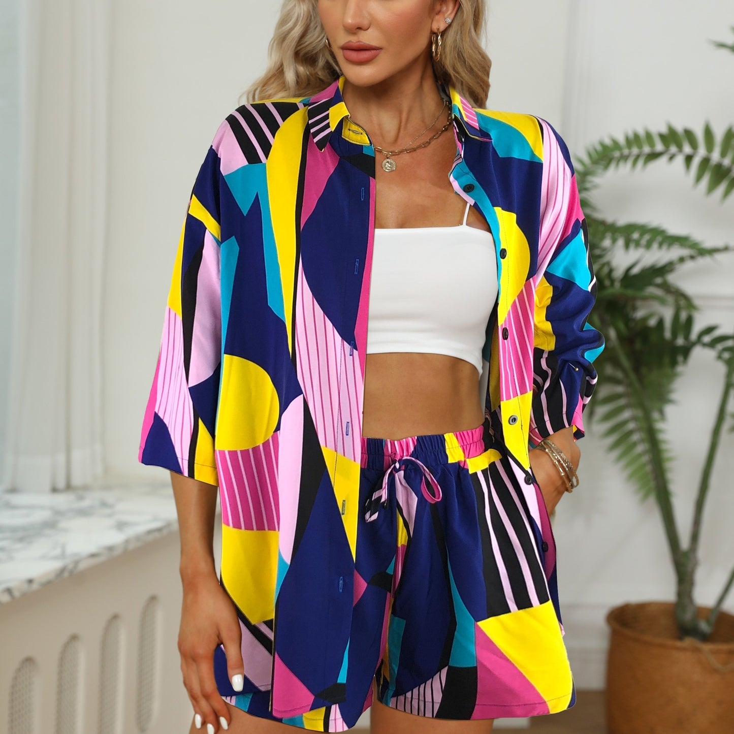 Casual Color Block Two-piece Set, Drop Shoulder Shirt & Drawstring Shorts Outfits, Women's Clothing