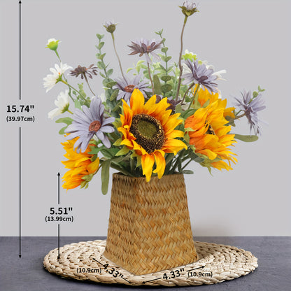 Leftover Fake Sunflowers in Wicker Vase, Sunflowers Artificial Flowers in Vase, Silk Fake Flowers with Vase, Table Centerpiece Decor, Faux Flowers Arrangement for Home Kitchen, Dining Living Room