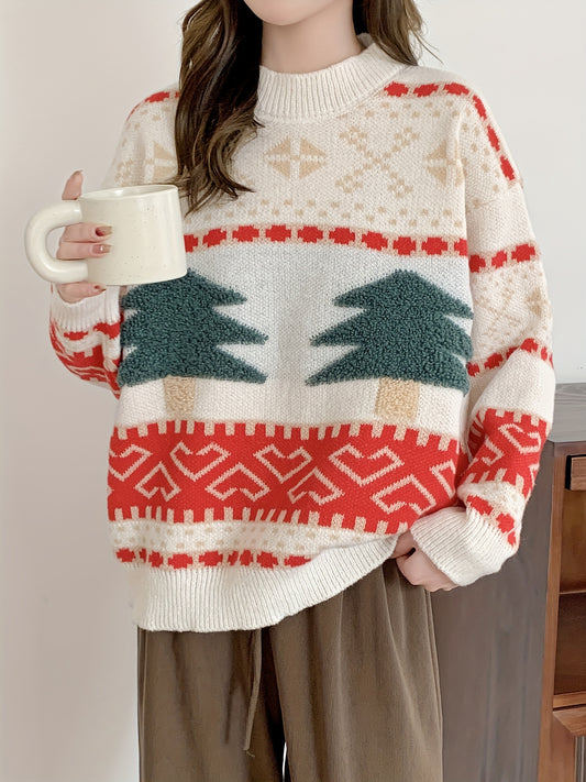 Sixsr Christmas Pattern Crew Neck Pullover Sweater, Casual Long Sleeve Drop Shoulder Sweater, Women's Clothing