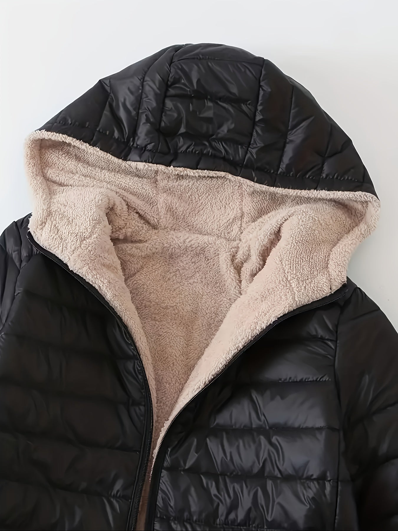 Sixsr Mid-length Hooded Slim Fit Fleece Padded Jacket, Warm Solid Color Causal Winter Coat, Women's Activewear