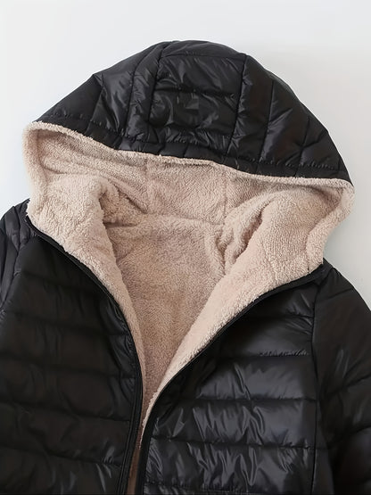 Sixsr Mid-length Hooded Slim Fit Fleece Padded Jacket, Warm Solid Color Causal Winter Coat, Women's Activewear