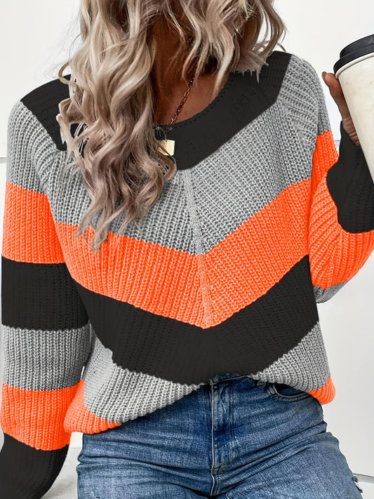 Sixsr Plus Size Casual Sweater, Women's Plus Colorblock Long Sleeve Round Neck Slight Stretch Sweater