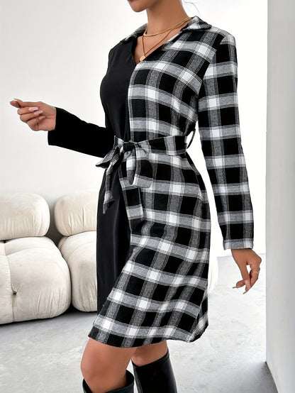 Sixsr Plaid Color Block Belted Dress, Elegant Long Sleeve Dress For Spring & Fall, Women's Clothing