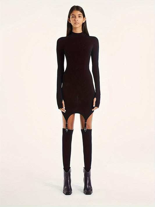 Sixsr Solid Slim Mini Dress, Club Wear Long Sleeve Mock Neck Dress With Buckle, Women's Clothing