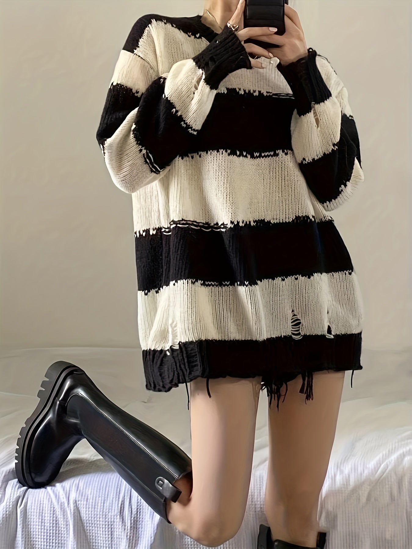 Sixsr Striped Crew Neck Pullover Sweater, Casual Long Sleeve Ripped Sweater, Women's Clothing