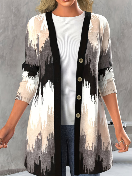 Sixsr Plus Size Casual Coat, Women's Plus Colorblock Geometric Print Long Sleeve Button Open Front Cardigan