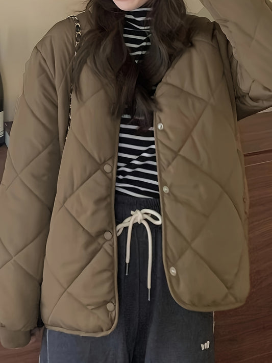 Sixsr Argyle Pattern Solid Coat, Casual Button Front Long Sleeve Warm Outerwear, Women's Clothing