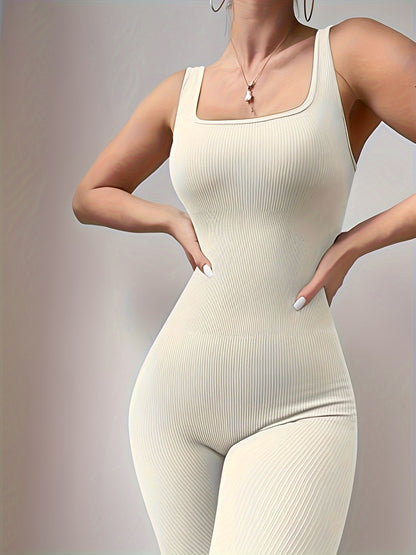 Sixsr 2pcs Solid Color Ribbed Yoga Jumpsuit, Square Neck Sports Fitness Sleeveless Bodysuit, Women's Activewear