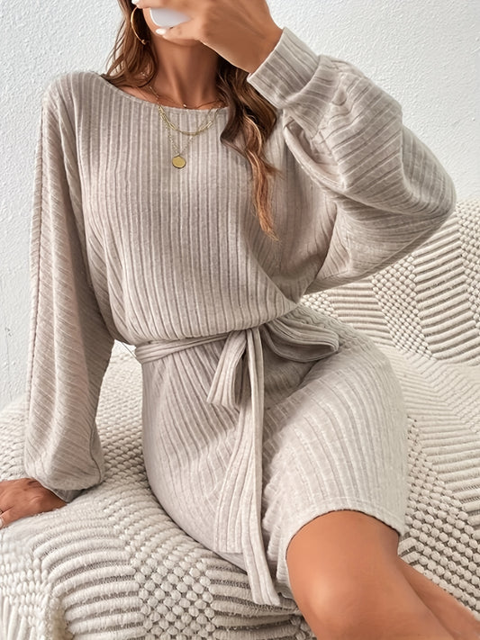 Sixsr Ribbed Boat Neck Dress, Elegant Solid Long Sleeve Bodycon Dress, Women's Clothing