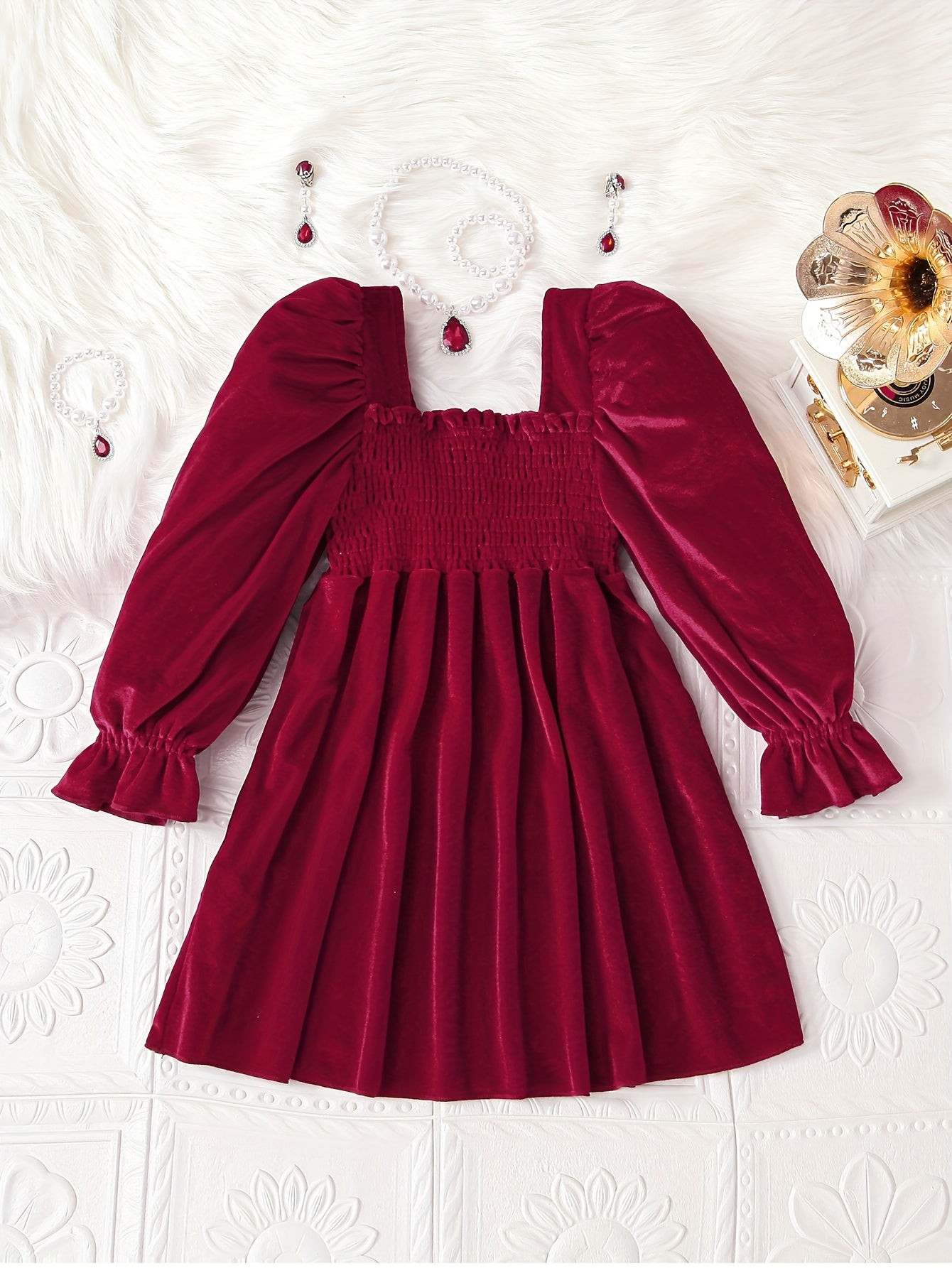 Toddler Girls Solid Square Neck Long Sleeve Dress For Spring Fall Winter Christmas Birthday Gift